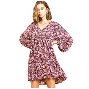 Umgee Burgundy and Blue Patterned Babydoll Dress Top Boho Size Large